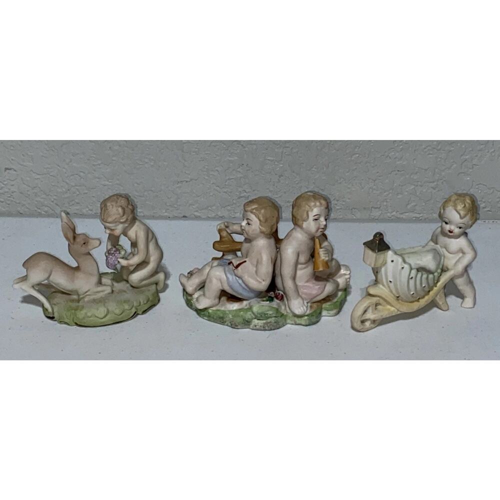 VTG Occupied Japan Bisque Porcelain Baby Cherub Deer Planter Figurine Lot Of 3